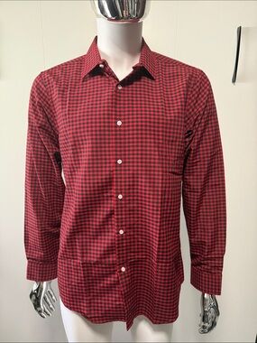 Men's Red Black Check Long-Sleeve Button-Up Shirt